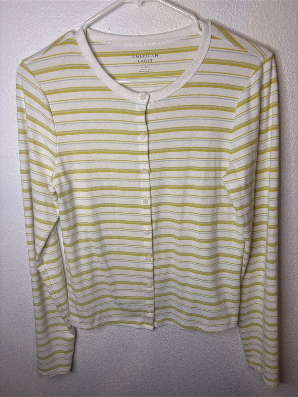American Eagle Outfitters White & Yellow Striped Button-Up Cardigan